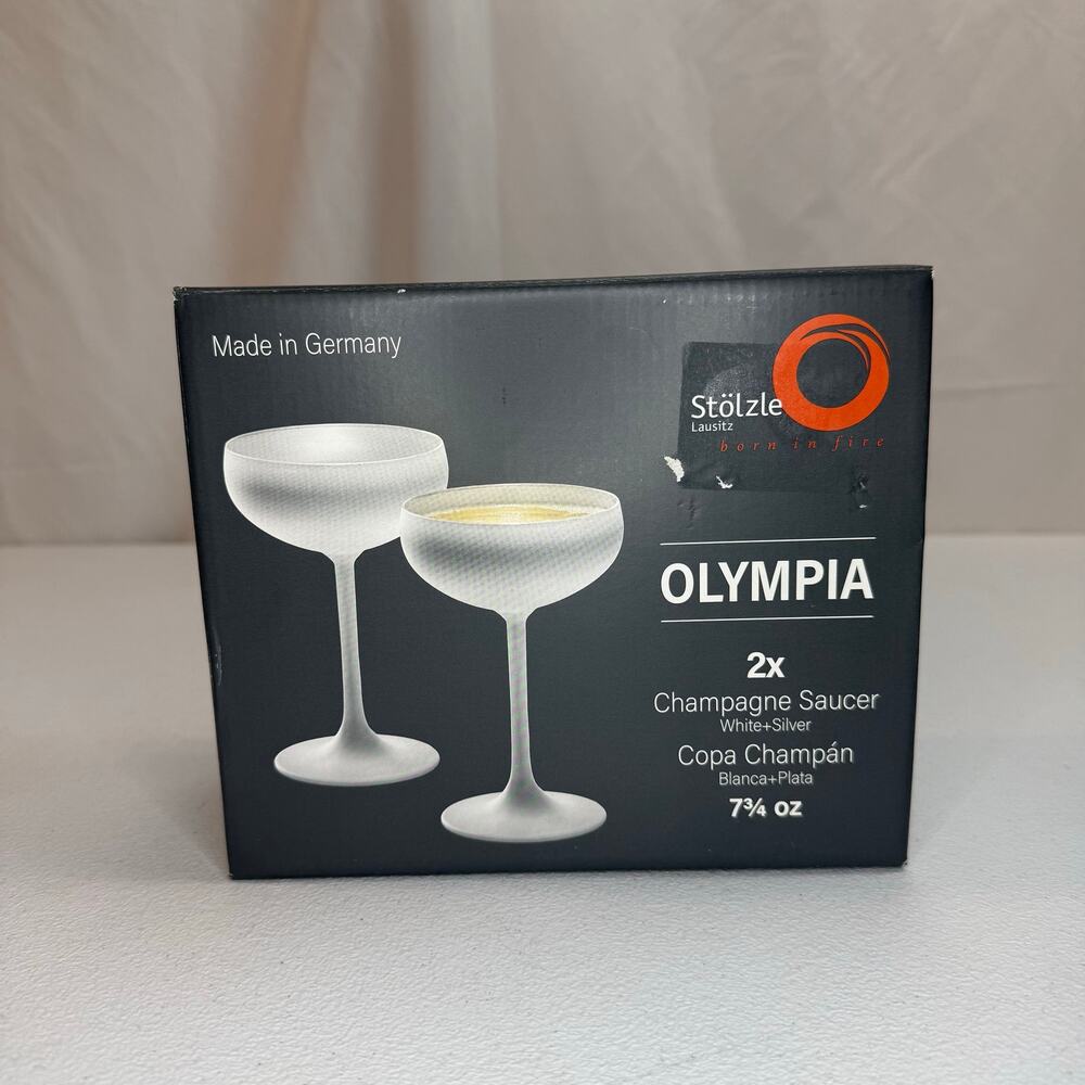 Stolzle Lausitz Olympia Champagne Coupe Saucer Glasses White Silver Set of 2